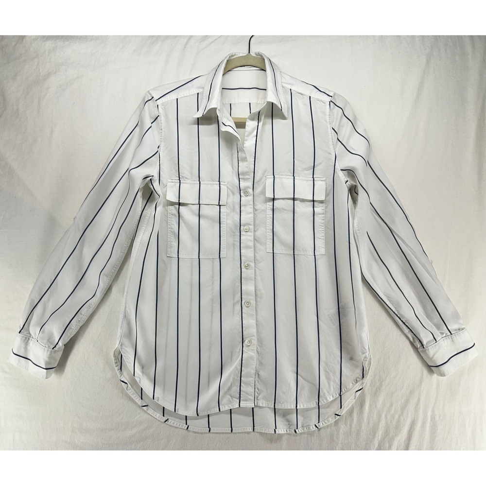 Babaton Womens XS White Navy Pinstripe Button Down Utility Shirt Roll Tab Sleeve